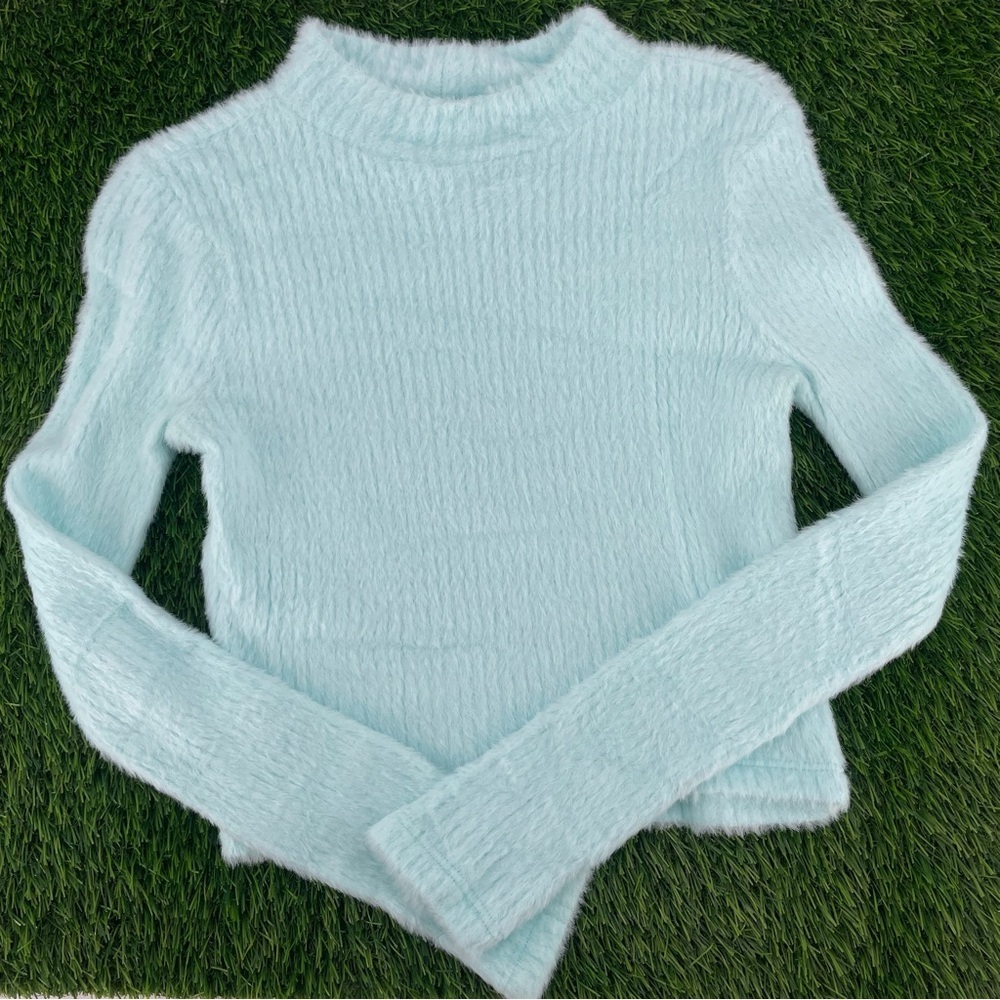 Anthropologie Tiffany Blue Mockneck Polymide Fuzzy Long Sleeve Sweater Top